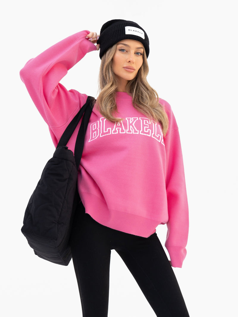 Varsity Oversized Knitted Jumper - Bright Pink