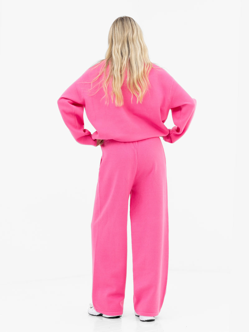 Varsity Knitted Wide Leg Sweatpants - Bright Pink