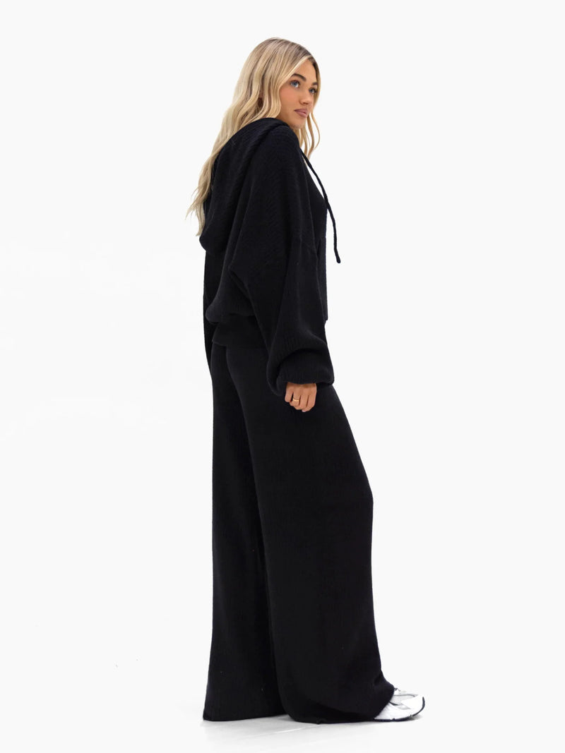 Zoey Ribbed Wide Leg Trousers - Black