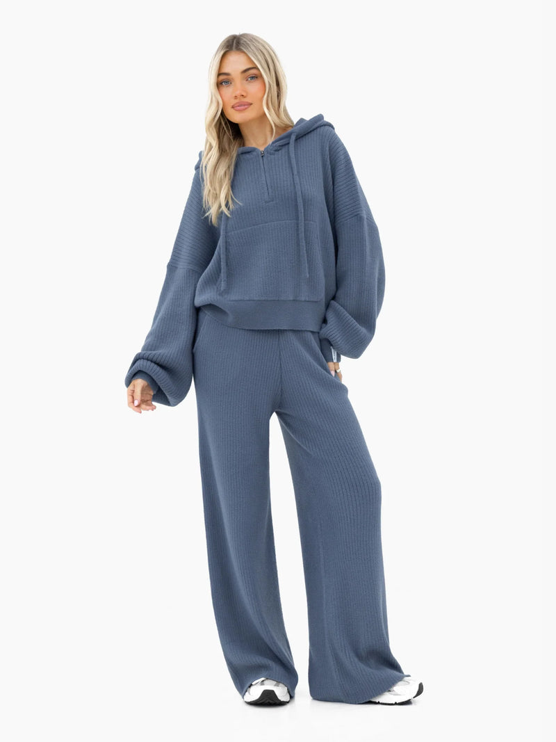 Zoey Ribbed Wide Leg Trousers - Smoky Blue