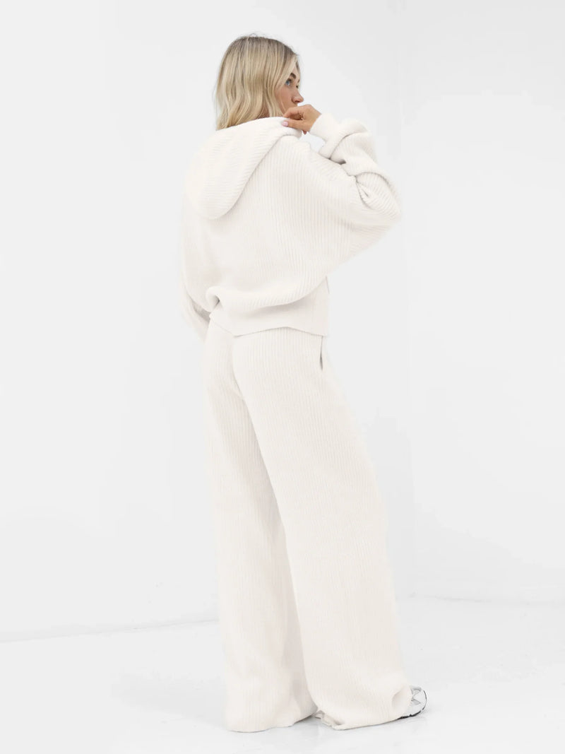 Zoey Ribbed Wide Leg Trousers - Off White