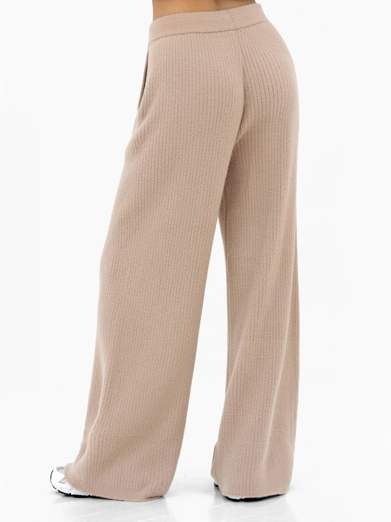 Zoey Ribbed Wide Leg Trousers - Tan