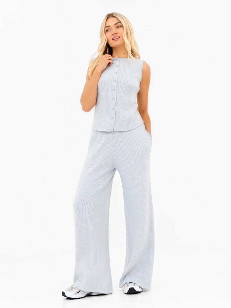 Zoey Ribbed Button Up Top - Baby Blue