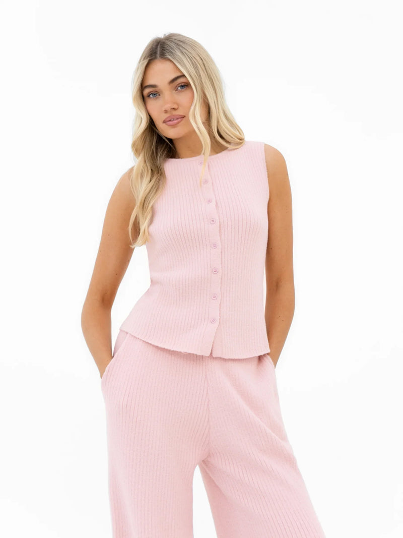 Zoey Ribbed Button Up Top - Baby Pink