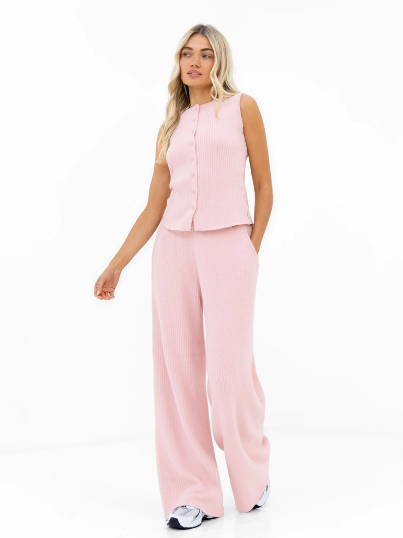 Zoey Ribbed Button Up Top - Baby Pink