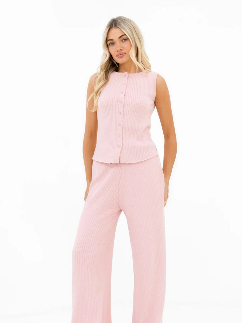 Zoey Ribbed Button Up Top - Baby Pink