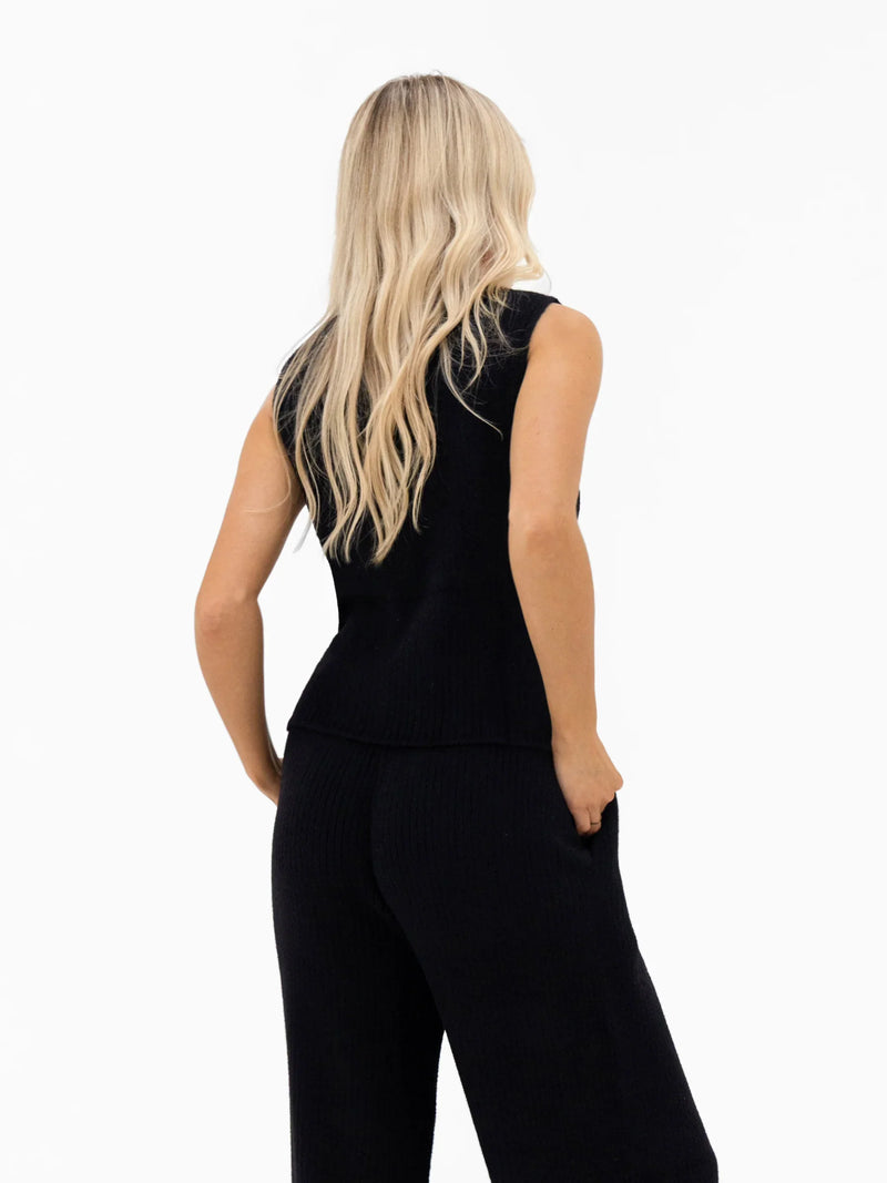 Zoey Ribbed Button Up Top - Black