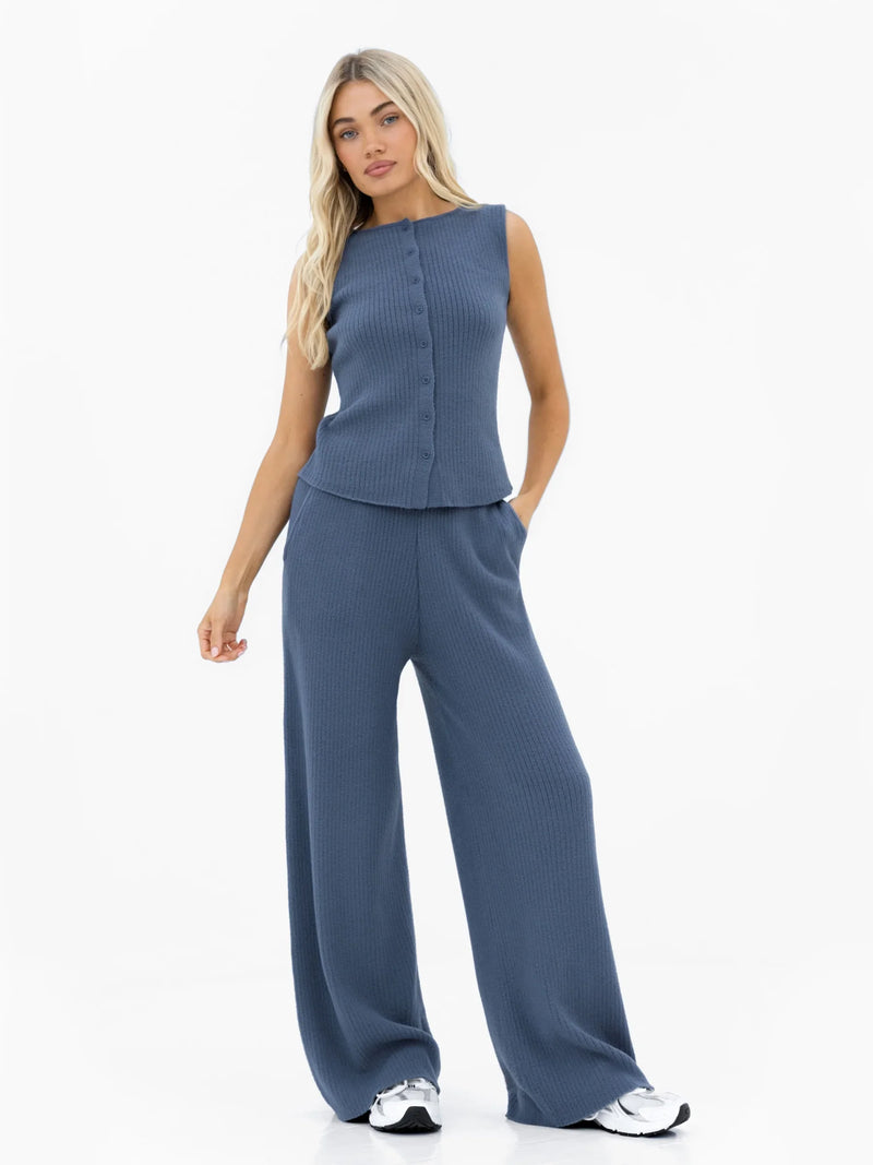 Zoey Ribbed Button Up Top - Smoky Blue