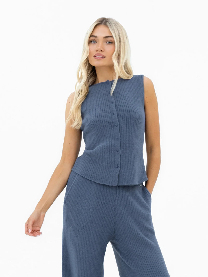Zoey Ribbed Button Up Top - Smoky Blue