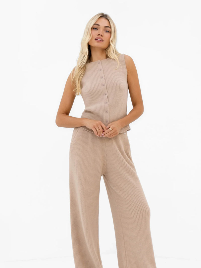 Zoey Ribbed Button Up Top - Tan