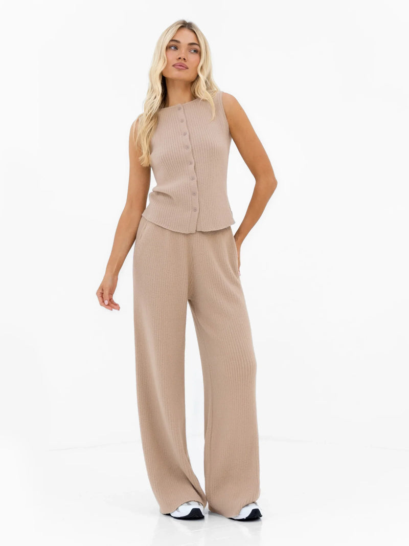 Zoey Ribbed Button Up Top - Tan