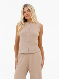 Zoey Ribbed Button Up Top - Tan