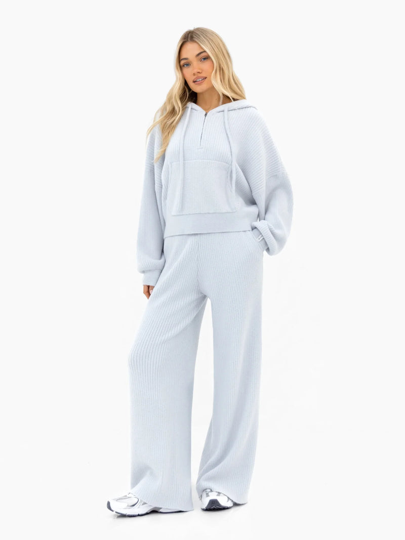 Zoey Ribbed 1/4 Zip Hoodie - Baby Blue