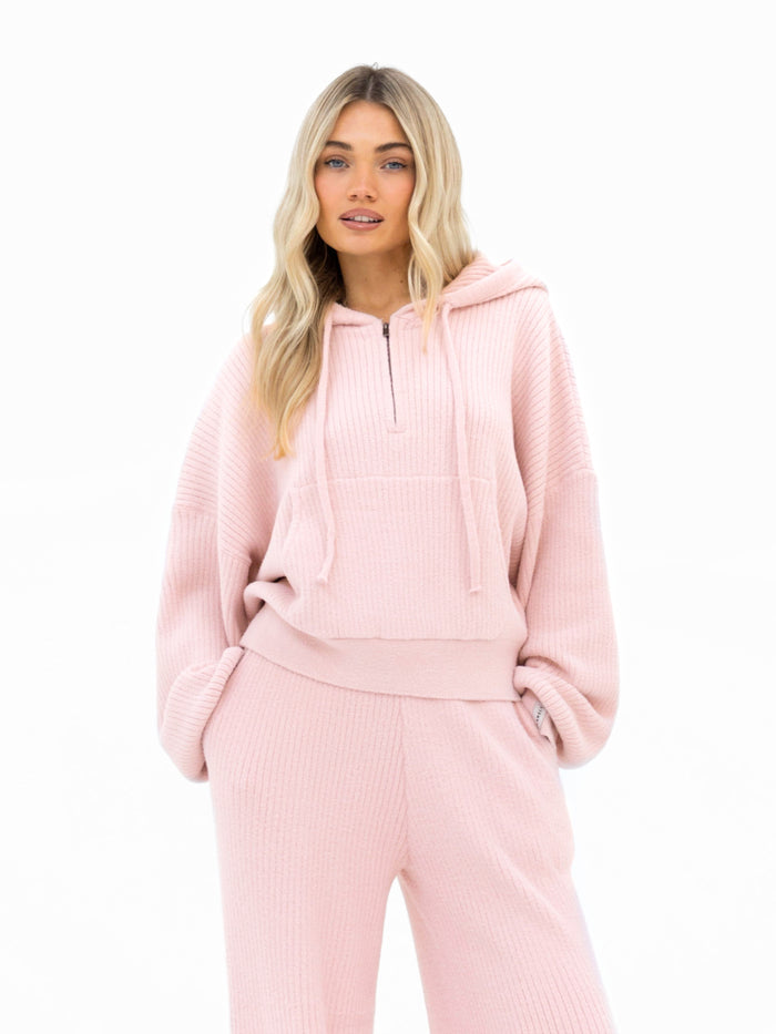 Zoey Ribbed 1/4 Zip Hoodie - Baby Pink