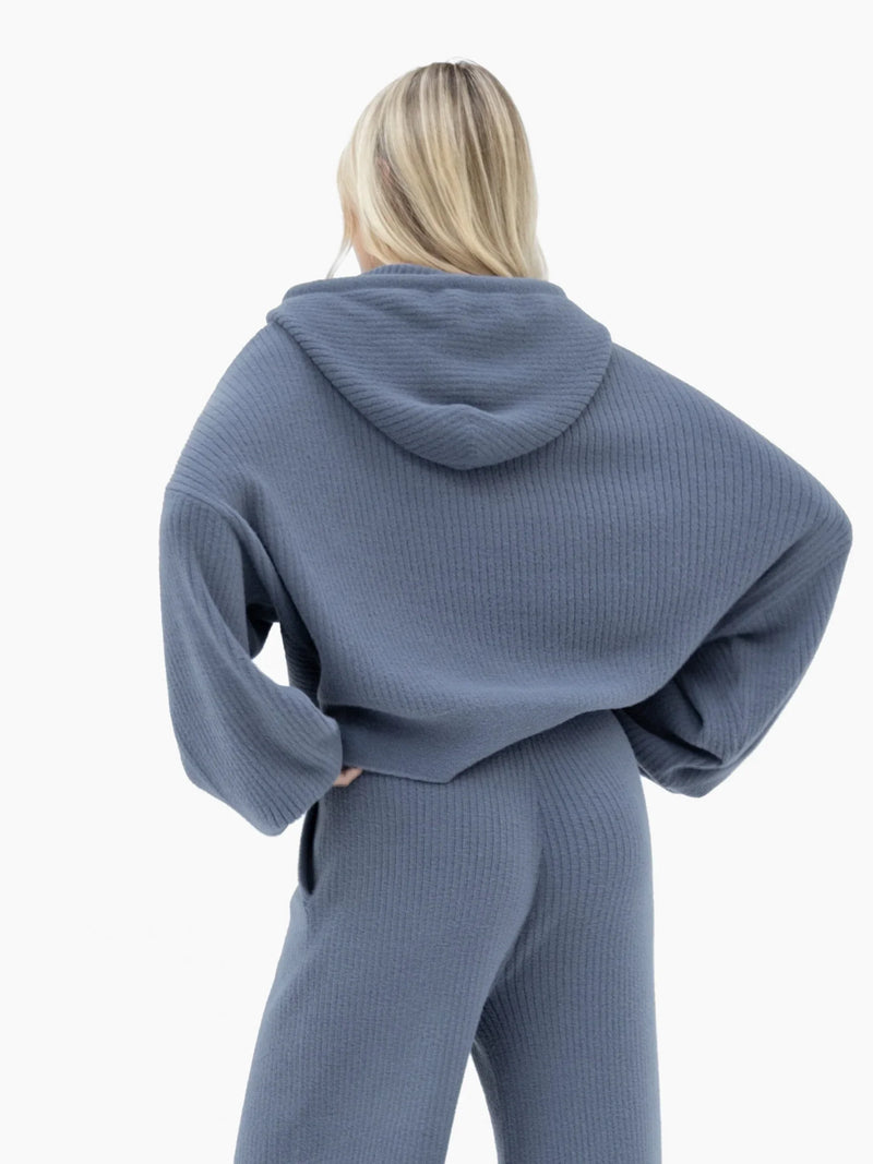 Zoey Ribbed 1/4 Zip Hoodie - Smoky Blue