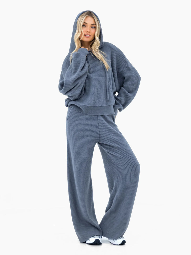 Zoey Ribbed 1/4 Zip Hoodie - Smoky Blue