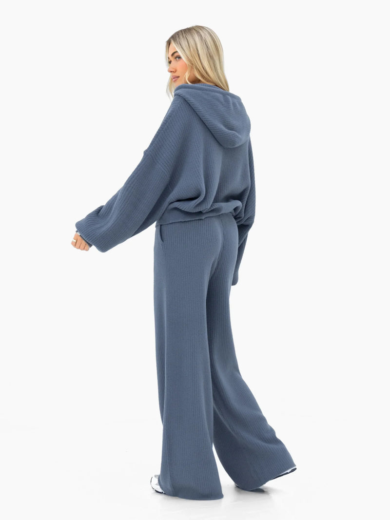 Zoey Ribbed 1/4 Zip Hoodie - Smoky Blue