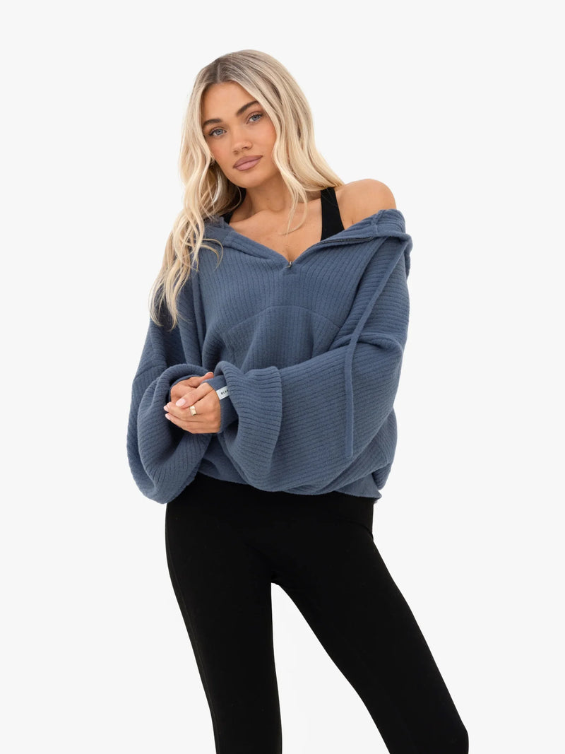Zoey Ribbed 1/4 Zip Hoodie - Smoky Blue