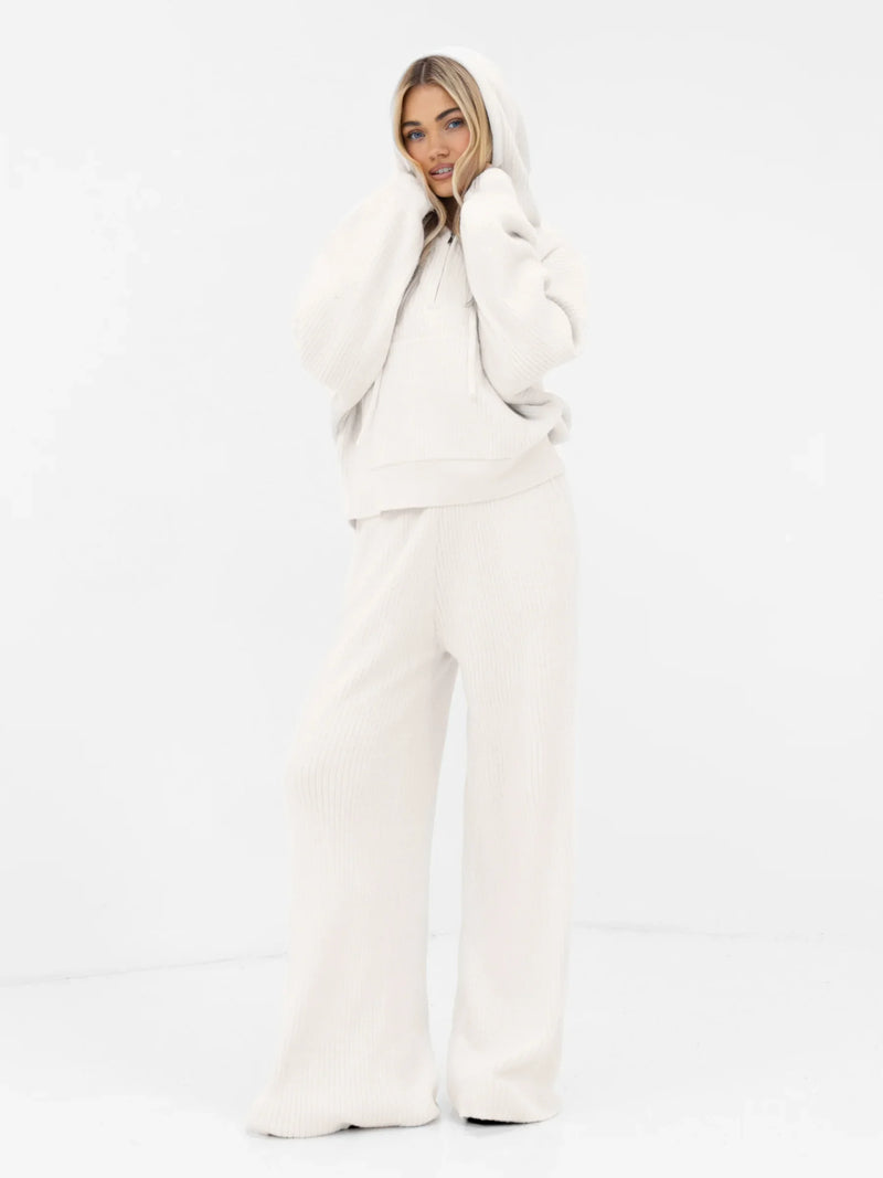 Zoey Ribbed 1/4 Zip Hoodie - Off White