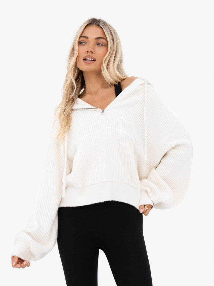 Zoey Ribbed 1/4 Zip Hoodie - Off White