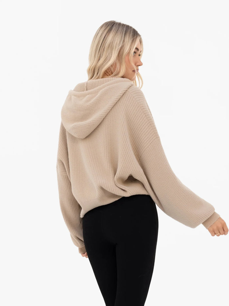 Zoey Ribbed 1/4 Zip Hoodie - Tan