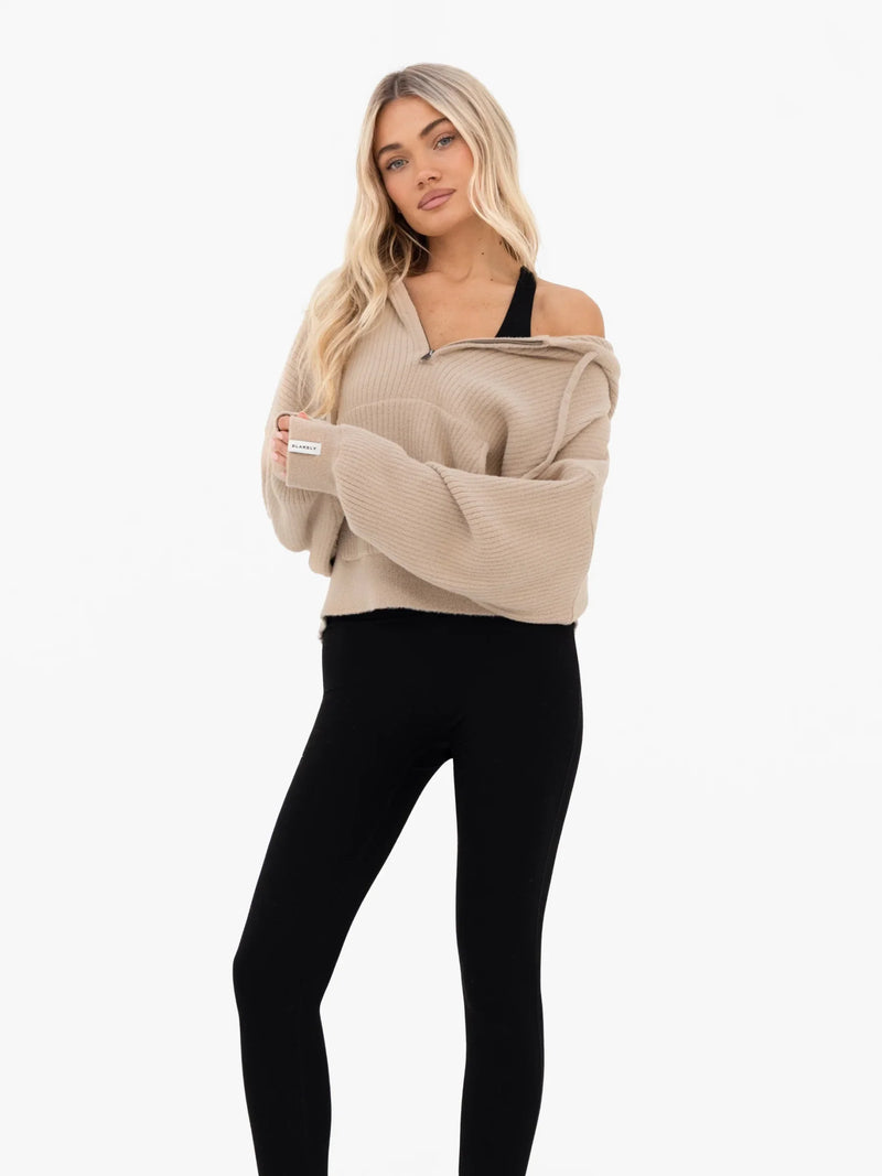 Zoey Ribbed 1/4 Zip Hoodie - Tan