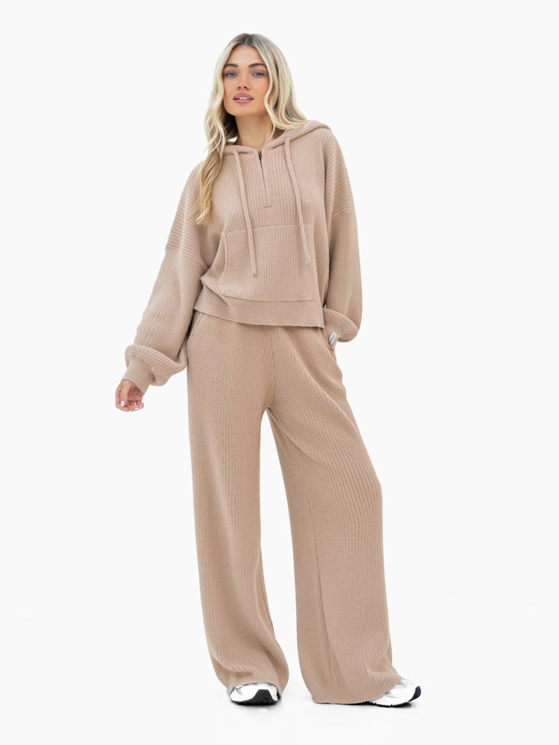 Zoey Ribbed Wide Leg Trousers - Tan