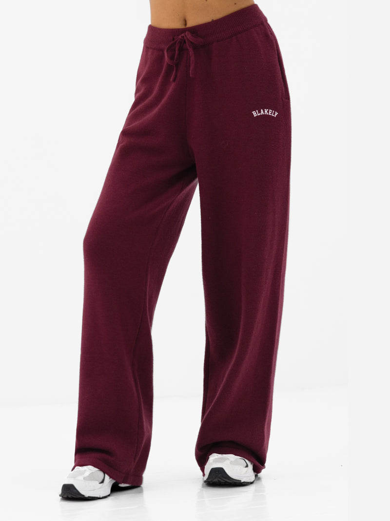 Varsity Knitted Wide Leg Sweatpants - Burgundy