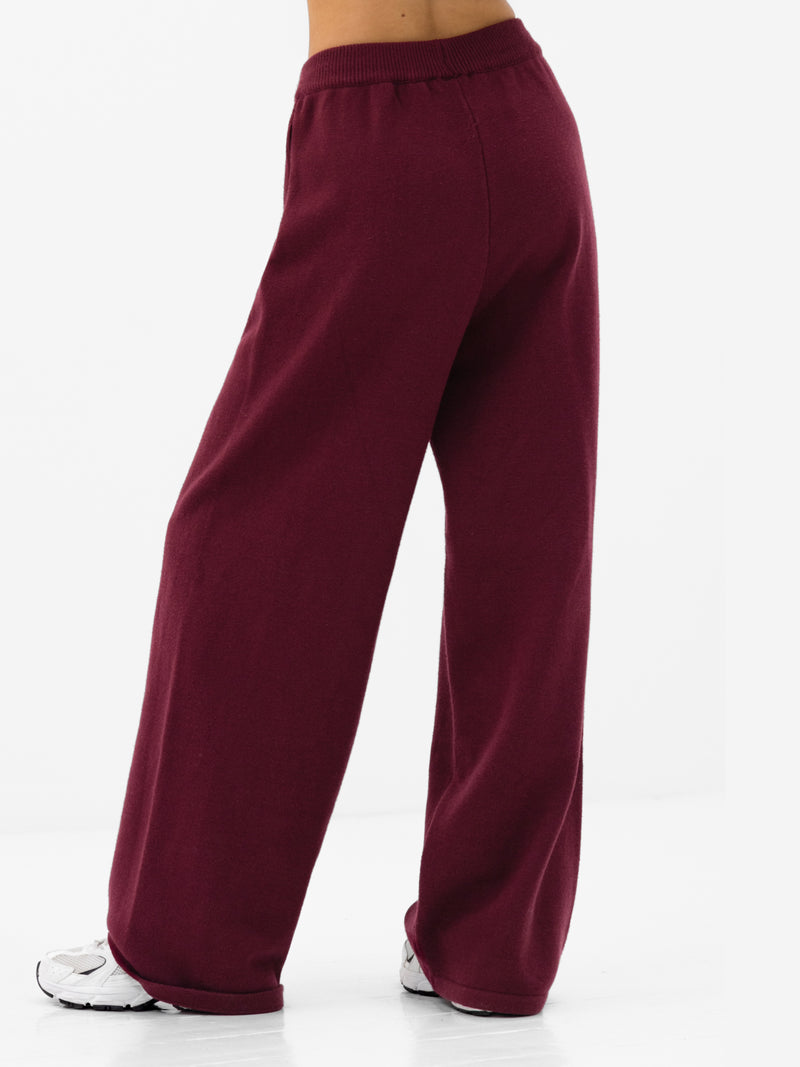 Varsity Knitted Wide Leg Sweatpants - Burgundy
