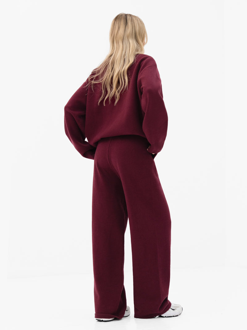 Varsity Knitted Wide Leg Sweatpants - Burgundy