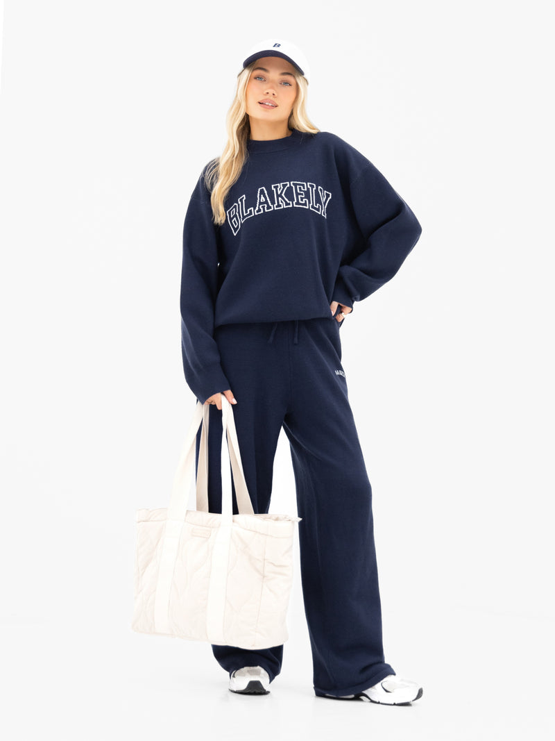 Varsity Knitted Wide Leg Sweatpants - Navy