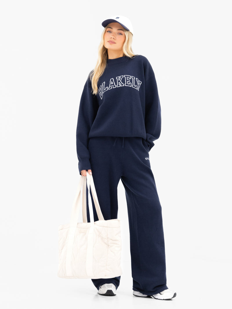 Varsity Knitted Wide Leg Sweatpants - Navy