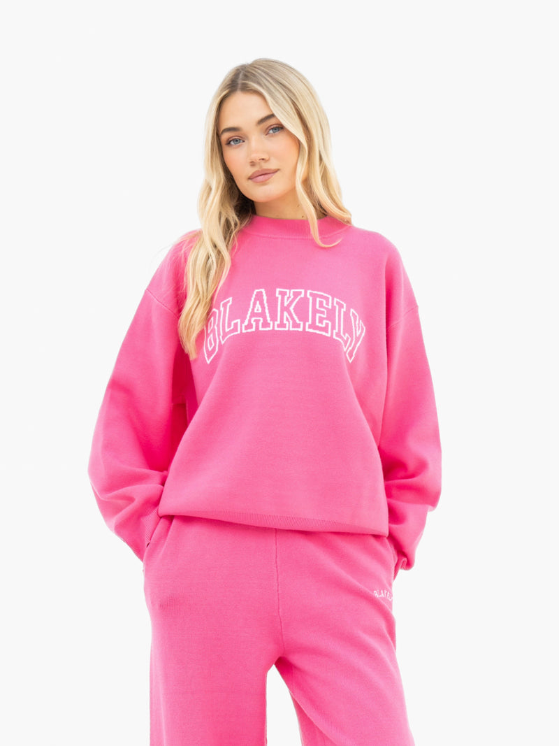 Varsity Oversized Knitted Jumper - Bright Pink