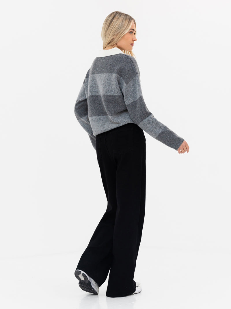 Tara Knitted Stripe Polo - Dark Grey Stripe