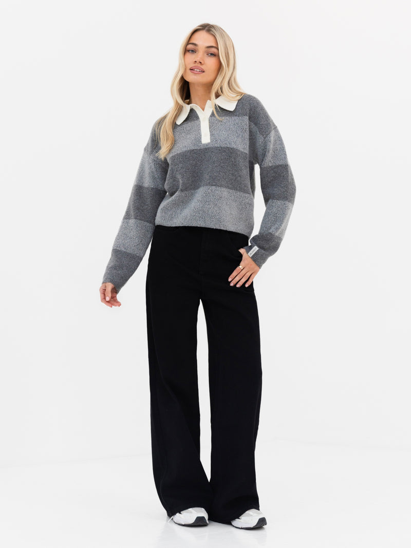Tara Knitted Stripe Polo - Dark Grey Stripe