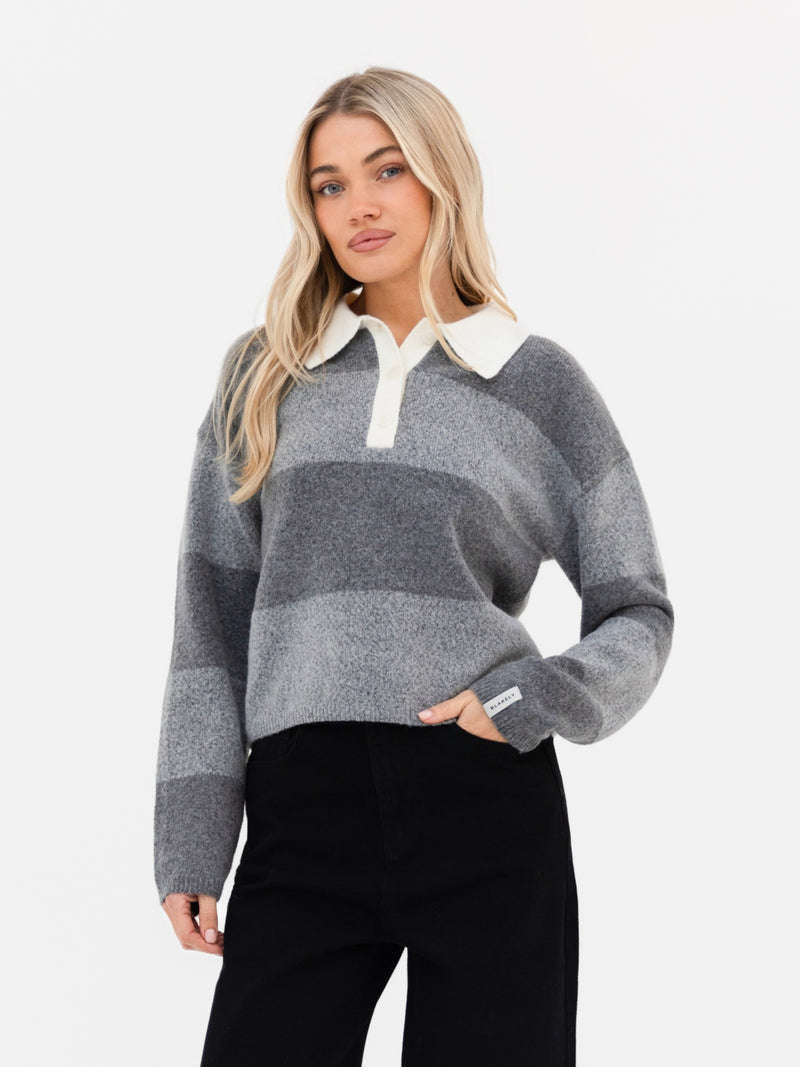 Tara Knitted Stripe Polo - Dark Grey Stripe