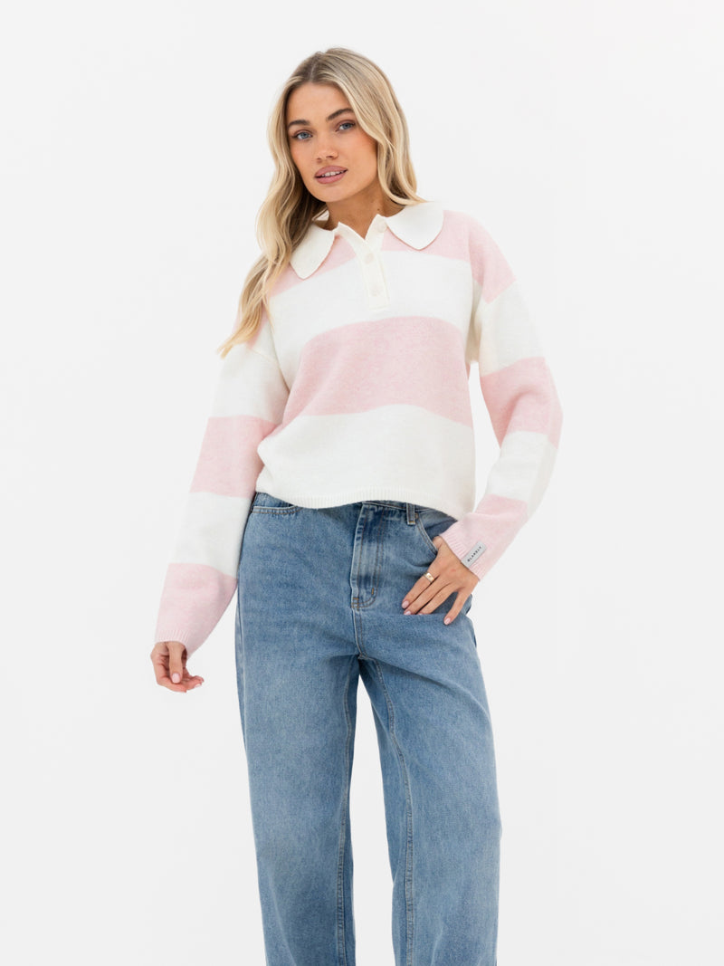 Tara Knitted Stripe Polo - Baby Pink Stripe
