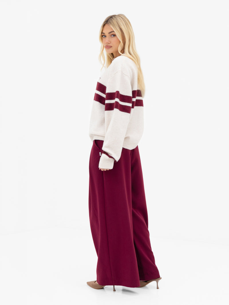 Mindy Stripe Knitted Jumper - Off White & Burgundy