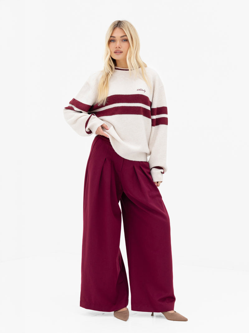 Mindy Stripe Knitted Jumper - Off White & Burgundy