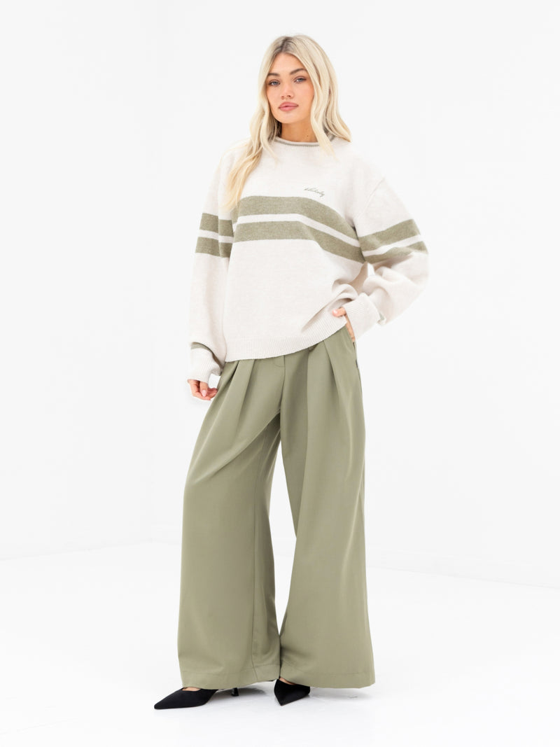 Mindy Stripe Knitted Jumper - Off White & Warm Olive