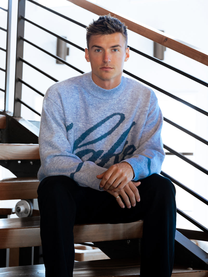 Relaxed Script Knitted Jumper - Icy Blue