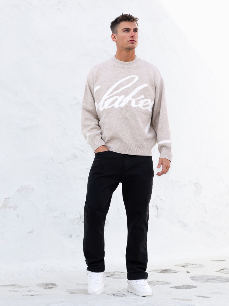 Relaxed Script Knitted Jumper - Taupe