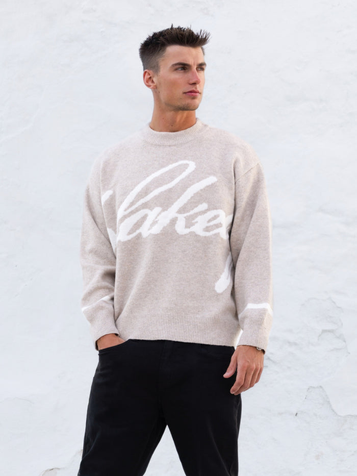 Relaxed Script Knitted Jumper - Taupe