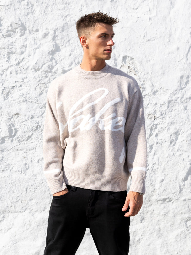Relaxed Script Knitted Jumper - Taupe