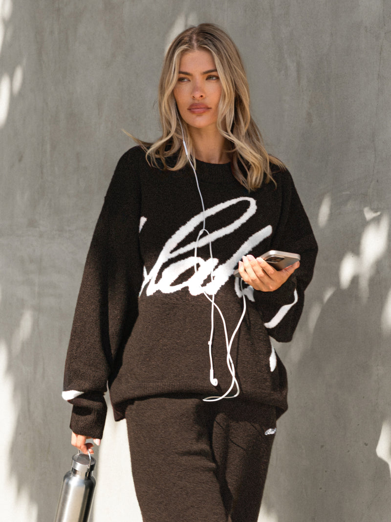 Margot Script Oversized Knitted Jumper - Chocolate Brown
