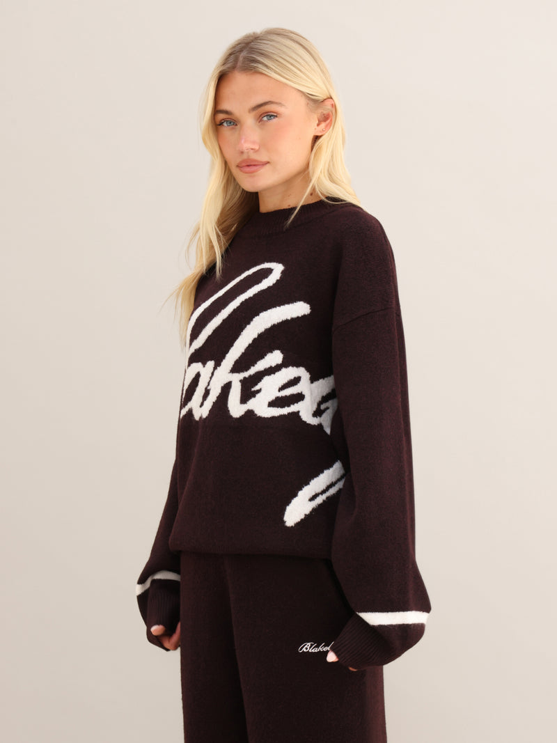 Margot Script Oversized Knitted Jumper - Dark Mulberry