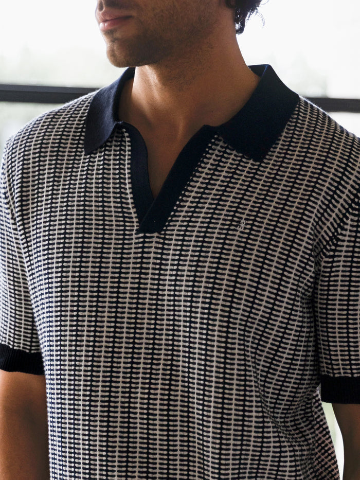 Conrad Knitted Stripe Polo Shirt - Navy