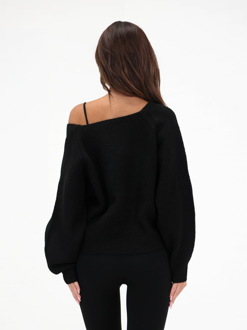 Enid Knitted Crossover Jumper - Black