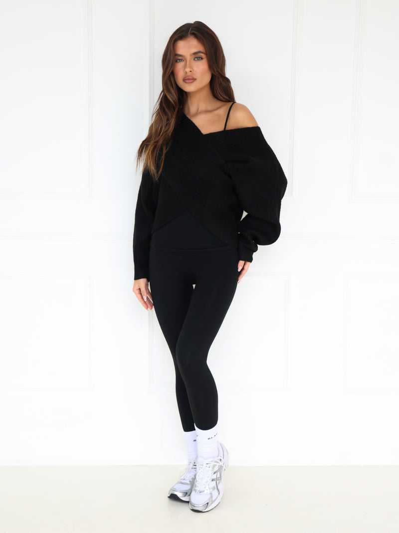 Enid Knitted Crossover Jumper - Black