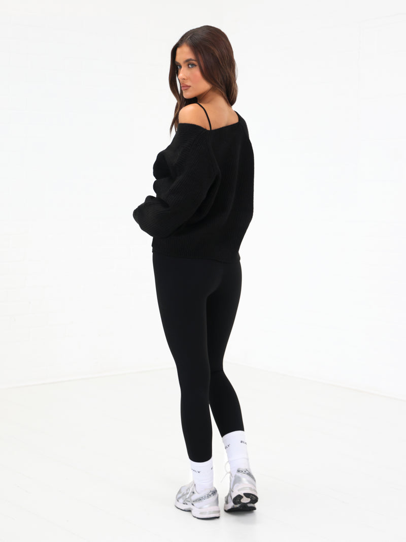 Enid Knitted Crossover Jumper - Black